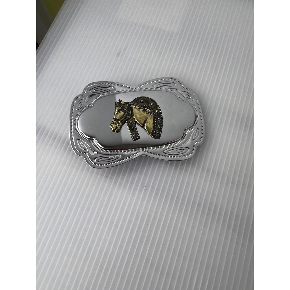 Western Horse Head Horseshoe Belt Buckle Silver Brass Tone Ornate Scalloped Edge - Picture 6 of 6